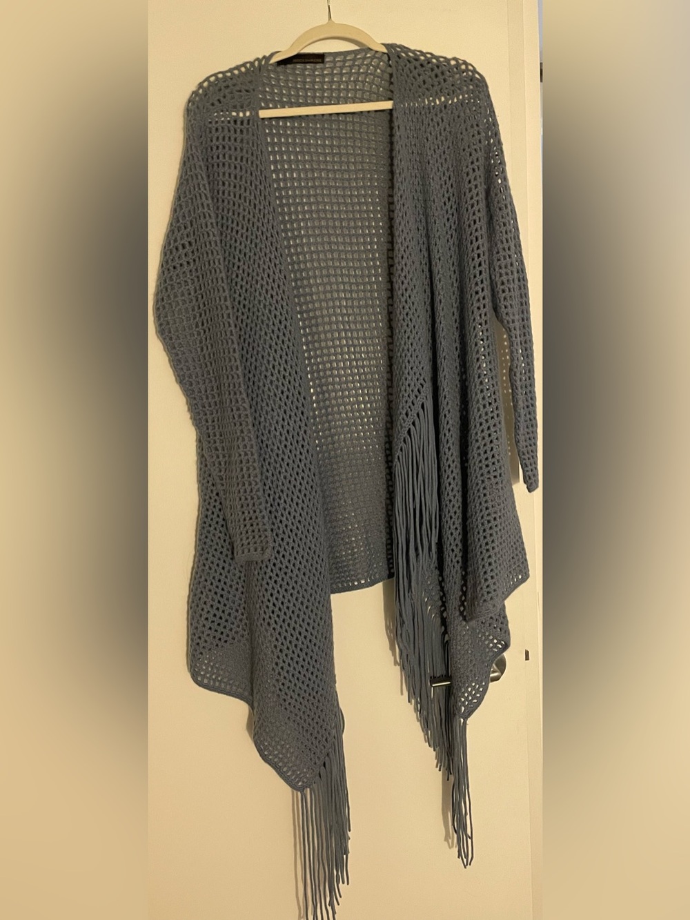 Open-Knit Fringe Women's Sweater Cardigan - Blue